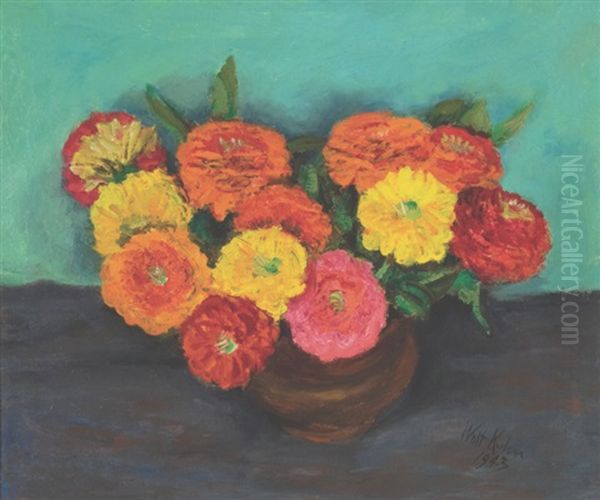 Zinnias In A Brown Crock Oil Painting by Walt Kuhn