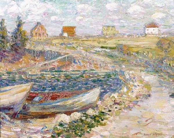 Rowboats At Shore, With House Oil Painting by Walt Kuhn