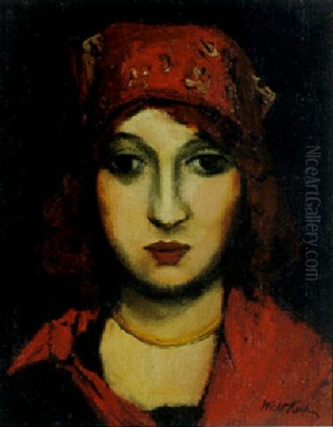 Portrait Of A Woman With A Red Kerchief Oil Painting by Walt Kuhn