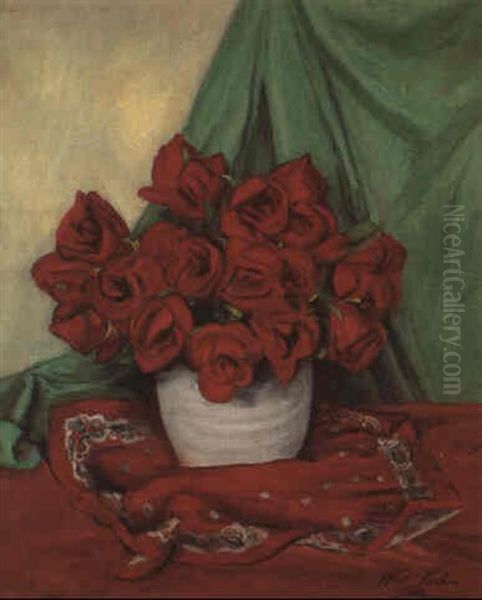 Red Roses With Bandana Oil Painting by Walt Kuhn