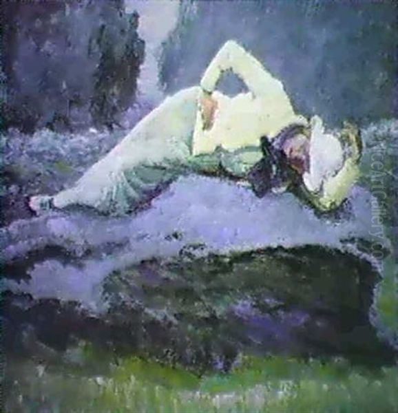 Woman Reclining On Rock Oil Painting by Walt Kuhn