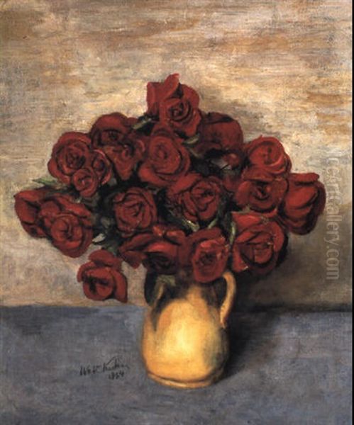 Red Roses In A Yellow Pitcher Oil Painting by Walt Kuhn