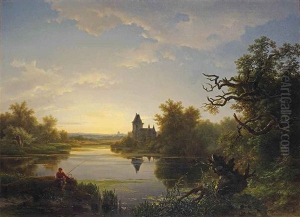 Lonely Fisherman At Twilight Oil Painting by Pieter Lodewijk Kuhnen