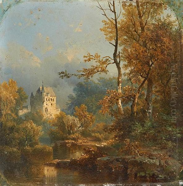 Le Chateau Au Bord De La Riviere Oil Painting by Pieter Lodewijk Kuhnen