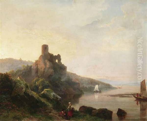 Romantische Rheinlandschaft Mit Burgruine Im Abendrot Oil Painting by Pieter Lodewijk Kuhnen