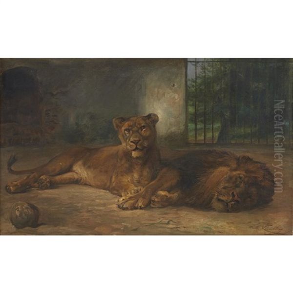 Lions At Rest Oil Painting by Wilhelm Friedrich Kuhnert