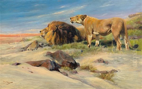 Pair Of Lions In The Steppe Oil Painting by Wilhelm Friedrich Kuhnert