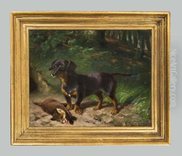 Dackel Mit Erlegtem Jungfuchs Oil Painting by Ludwig Beckmann