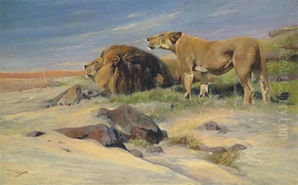 Lion And Lioness Oil Painting by Wilhelm Friedrich Kuhnert