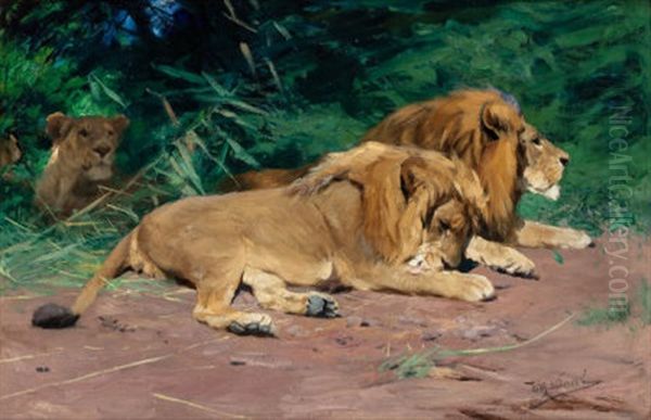 Ruhende Lowen (lions At Rest) Oil Painting by Wilhelm Friedrich Kuhnert