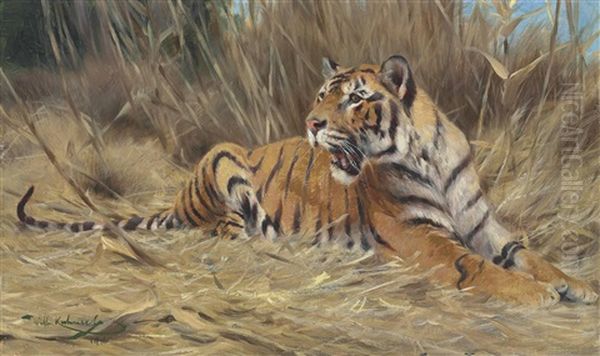 A Tiger Oil Painting by Wilhelm Friedrich Kuhnert