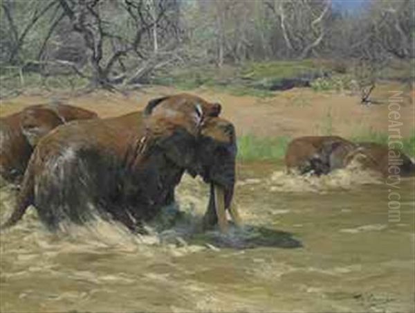 Elephants In A River Oil Painting by Wilhelm Friedrich Kuhnert