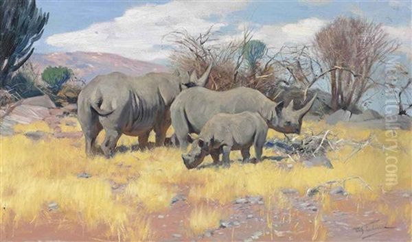 A Group Of Rhinoceros Oil Painting by Wilhelm Friedrich Kuhnert