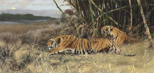 Two Stalking Tigers Oil Painting by Wilhelm Friedrich Kuhnert