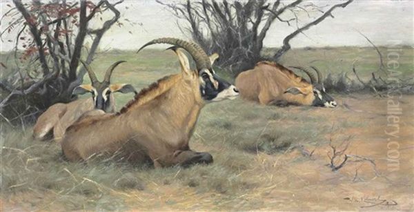 Roan Antelopes Resting In The Shade Oil Painting by Wilhelm Friedrich Kuhnert