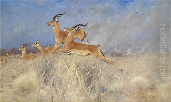 Swalla Antelope In Flight Oil Painting by Wilhelm Friedrich Kuhnert