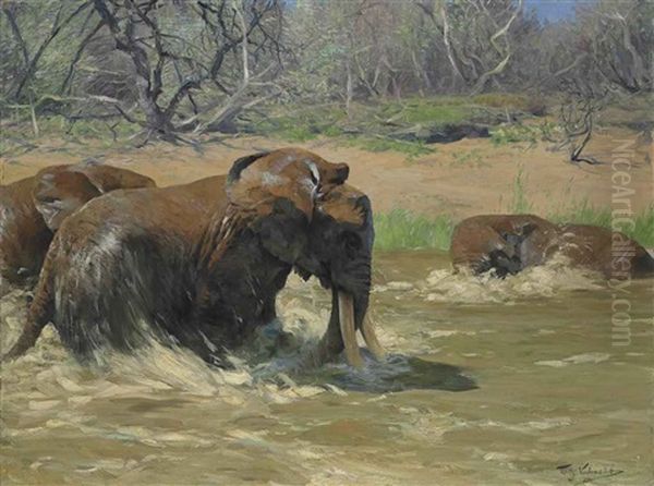 Elephants In A River Oil Painting by Wilhelm Friedrich Kuhnert