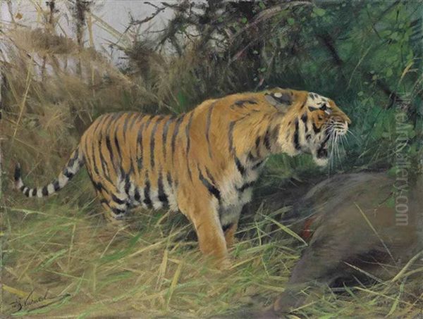 Tiger And Its Prey Oil Painting by Wilhelm Friedrich Kuhnert