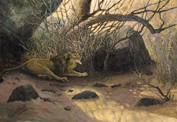 Lion In A Thorny Bush Oil Painting by Wilhelm Friedrich Kuhnert