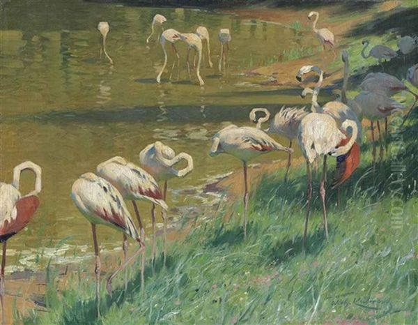 A Flock Of Flamingos Oil Painting by Wilhelm Friedrich Kuhnert