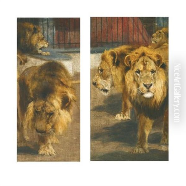 Lions (pair) Oil Painting by Wilhelm Friedrich Kuhnert