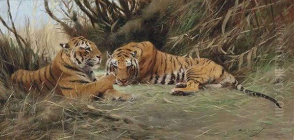 Tigers At Dawn Oil Painting by Wilhelm Friedrich Kuhnert