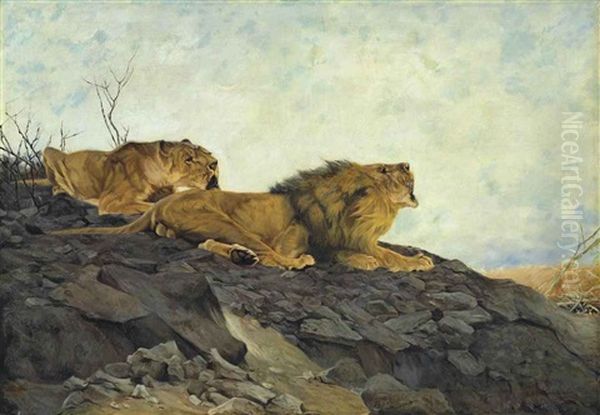 Lion And Lioness In A Rocky Landscape Oil Painting by Wilhelm Friedrich Kuhnert