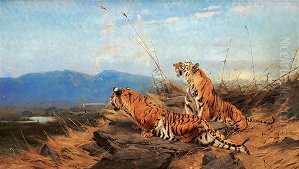 Tigers On The Prowl Oil Painting by Wilhelm Friedrich Kuhnert