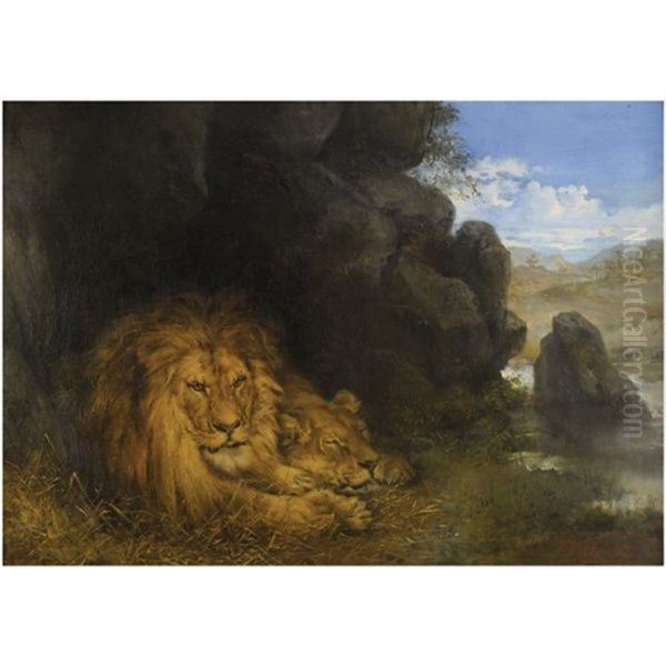 Two Lions In A Cave Oil Painting by Wilhelm Friedrich Kuhnert