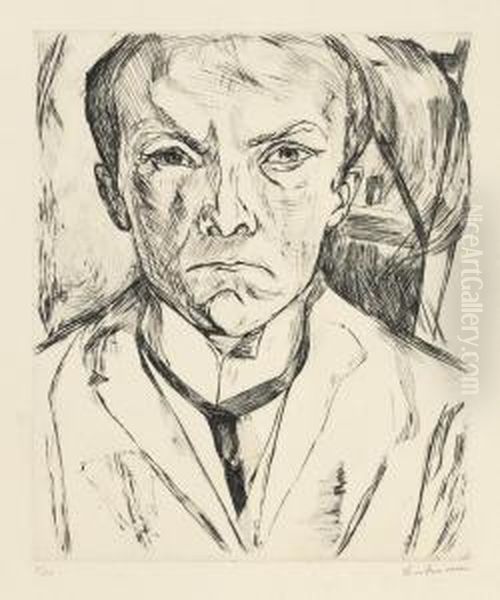 Frontal Self-portrait With House Gable In Background Oil Painting by Max Beckmann