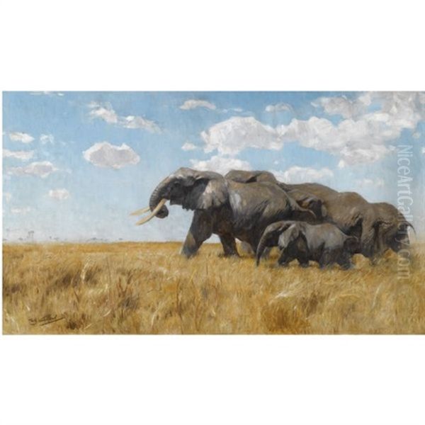 Elefanten Auf Der Wanderung (elephants On The Move) Oil Painting by Wilhelm Friedrich Kuhnert