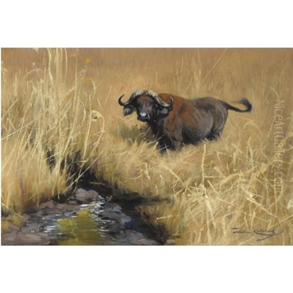 Buffel An Einer Wasserstelle In Der Savanne (a Water Buffalo At A Watering Hole In The Savannah) Oil Painting by Wilhelm Friedrich Kuhnert