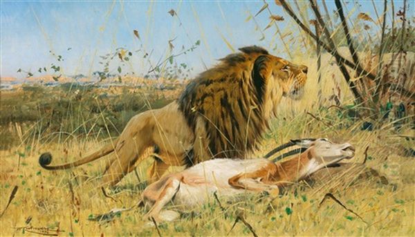 Mahnenlowe Mit Geschlagener Sabelantilope Oil Painting by Wilhelm Friedrich Kuhnert