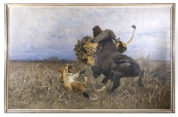 Lowenpaar Im Kampf Mit Einem Kaffernbuffel Oil Painting by Wilhelm Friedrich Kuhnert