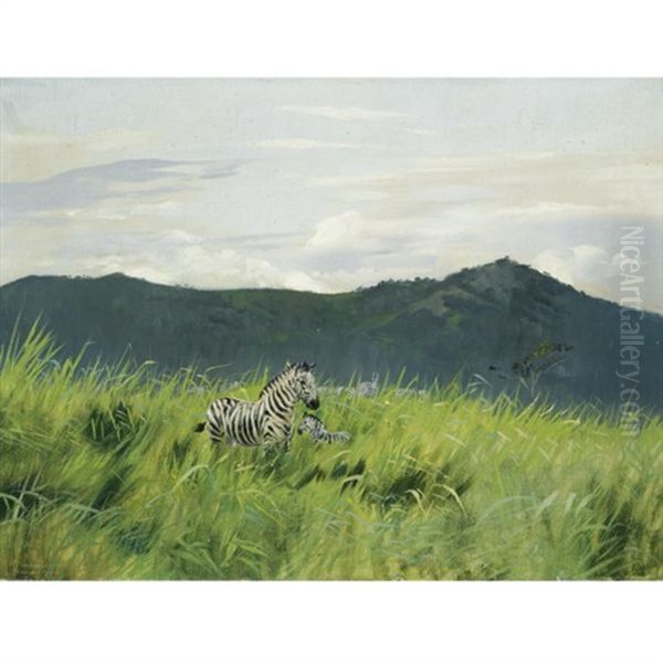 Zebras In Der Steppe - Zebra On The Steppe Oil Painting by Wilhelm Friedrich Kuhnert