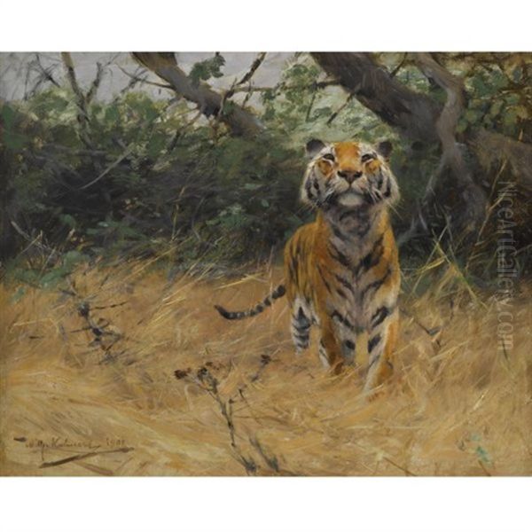 Sichernder Tiger - Tiger On The Watch Oil Painting by Wilhelm Friedrich Kuhnert