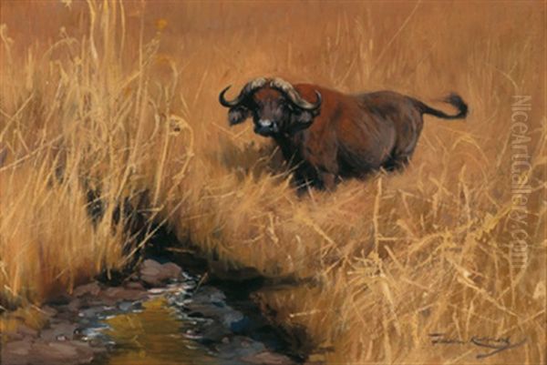 Ein Wasserbuffel An Einer Wasserstelle In Der Savanne Oil Painting by Wilhelm Friedrich Kuhnert