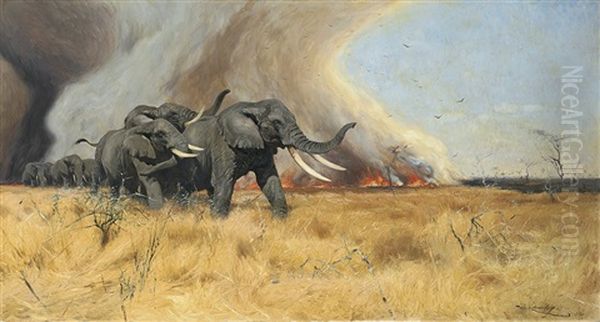 A Herd Of Elephants Fleeing From A Bush Fire Oil Painting by Wilhelm Friedrich Kuhnert