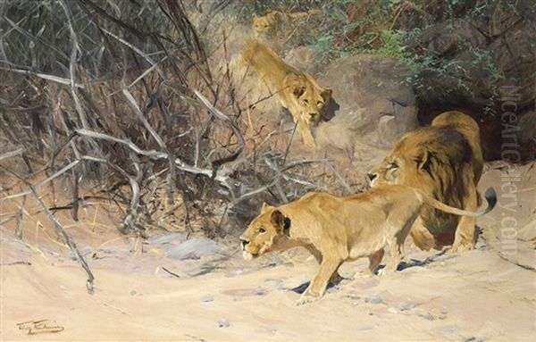 A Pride Of Lions On The Prowl Oil Painting by Wilhelm Friedrich Kuhnert