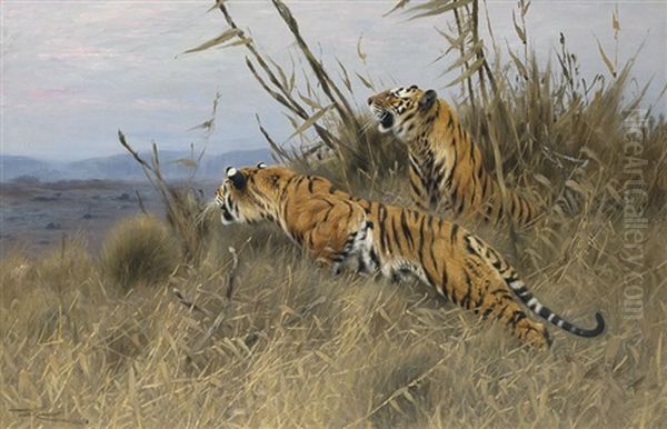 Tigers On The Prowl Oil Painting by Wilhelm Friedrich Kuhnert