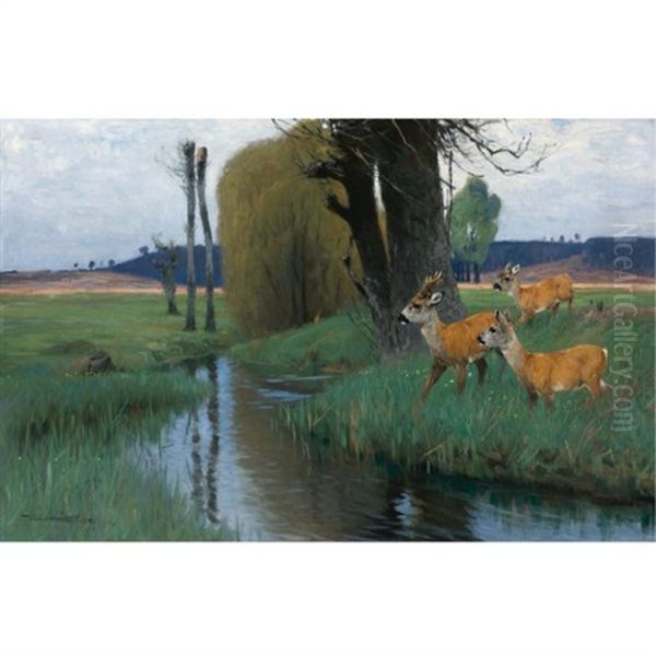 Deer At The Water's Edge Oil Painting by Wilhelm Friedrich Kuhnert