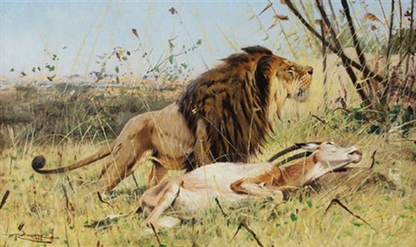 Mahnenlowe Mit Geschlagener Sabelantilope Oil Painting by Wilhelm Friedrich Kuhnert