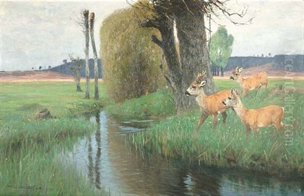 Truber Fruhlingsmorgen. Drei Rehe An Einem Bachlauf Oil Painting by Wilhelm Friedrich Kuhnert