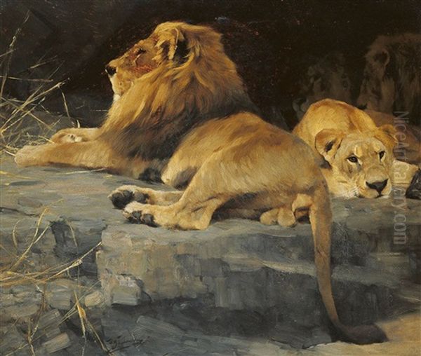 Ein Lowe Und Eine Lowin Vor Der Hohle Oil Painting by Wilhelm Friedrich Kuhnert