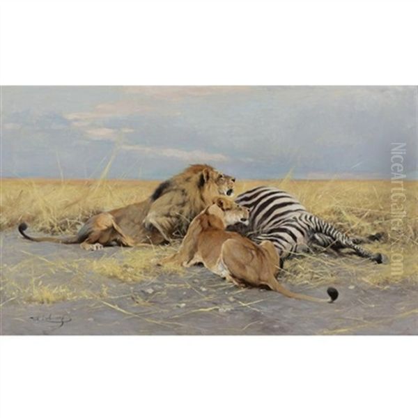 The Victim: Lions And Zebra Oil Painting by Wilhelm Friedrich Kuhnert