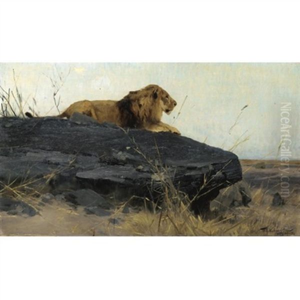 Lowe Auf Felsen (lion On A Rock) Oil Painting by Wilhelm Friedrich Kuhnert