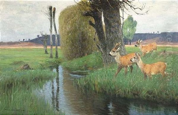 Truber Fruhlingsmorgen. Drei Rehe An Einem Bachlauf Oil Painting by Wilhelm Friedrich Kuhnert