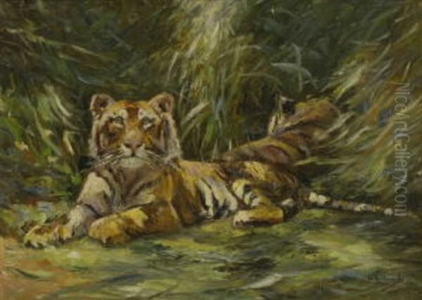 Zwei Tiger Im Gras Oil Painting by Wilhelm Friedrich Kuhnert