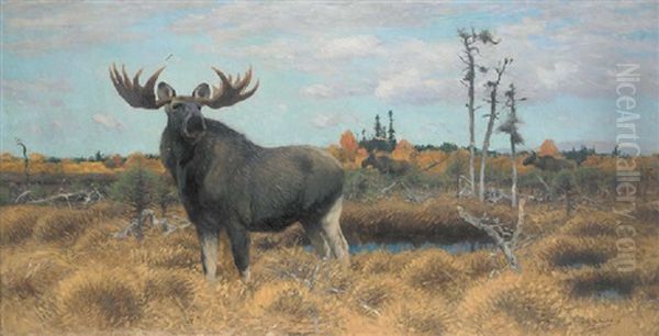 Elks In A Swedish Landscape Oil Painting by Wilhelm Friedrich Kuhnert