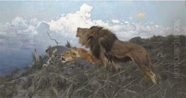 Lions At Dusk Oil Painting by Wilhelm Friedrich Kuhnert